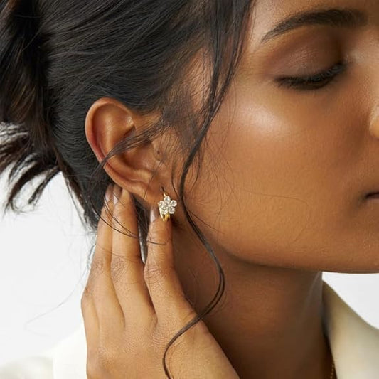 Flower Huggie Earrings for Women 18K Gold Plated Stainless Steel Floral Hoops with Diamonds Anti-Tarnish Demifine Jewelry for Girls & Women