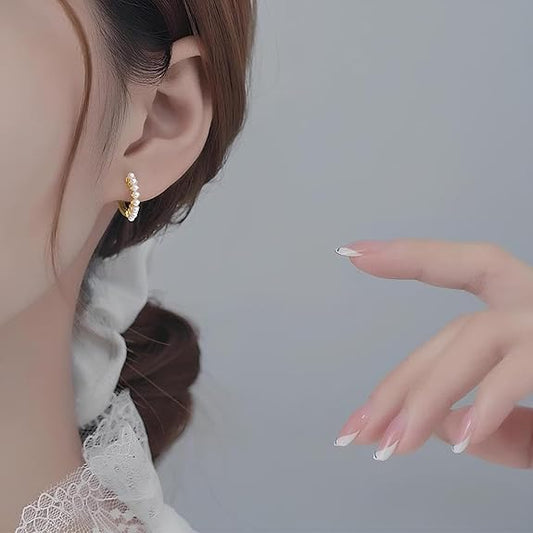 18K Gold Plated Pearl Hoop Earrings Anti Tarnish Lightweight Traditional Beaded Round Bali Piercing Ear Jewellery Hoops Ear Studs for Women & Girls