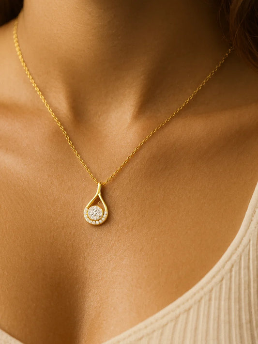 Anti-Tarnish White Solitaire Teardrop Pendant Chain | 18K Gold CZ