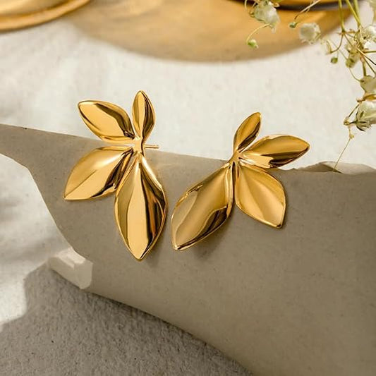 Leaf Bold Stud Earrings for Women | 18K Yellow Gold Plated | Waterproof, Anti-Tarnish & Hypoallergenic | Minimal Demi-Fine Jewellery for Everyday Wear
