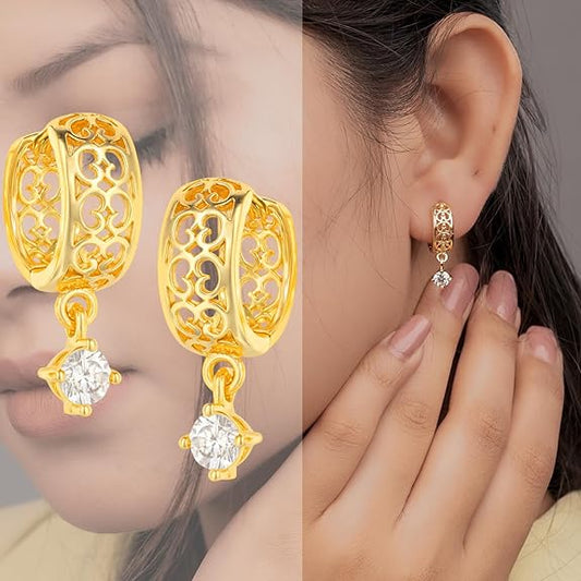 18K Gold Plated Designer Cutwork Huggie Hoop Earrings with Hanging Solitaire Stone Anti-Tarnish Bali Ethnic Lightweight Jewellery for Women & Girls