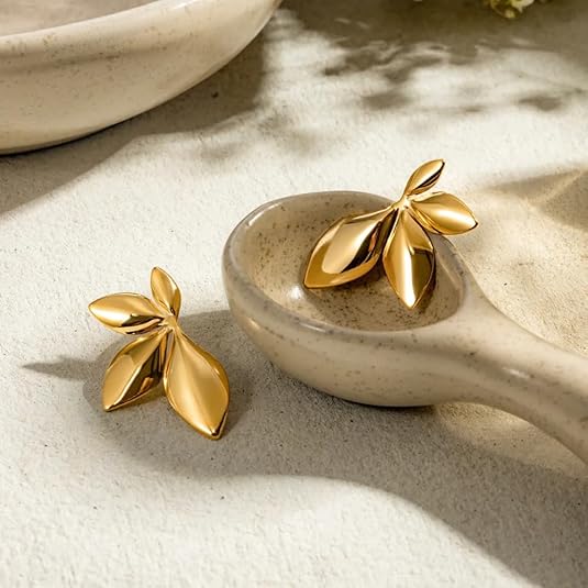 Leaf Bold Stud Earrings for Women | 18K Yellow Gold Plated | Waterproof, Anti-Tarnish & Hypoallergenic | Minimal Demi-Fine Jewellery for Everyday Wear