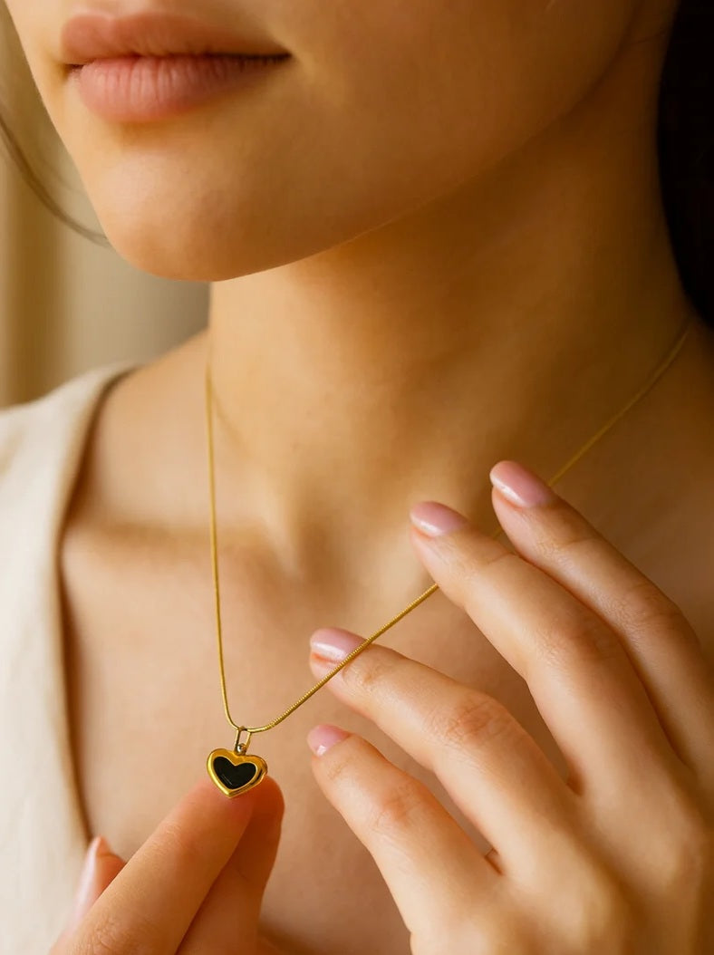 Black Mini Heart Gold Pendant Necklace – 18K Gold Plated, Onyx Charm