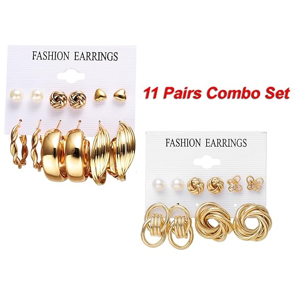 Diva Fashion 11 Pairs Combo Set Latest Stylish Vintage Pearl Earrings for Women Gold Plated Dangle Earrings Heart Butterfly Hoop Earrings Geometric Fashion Jewelry