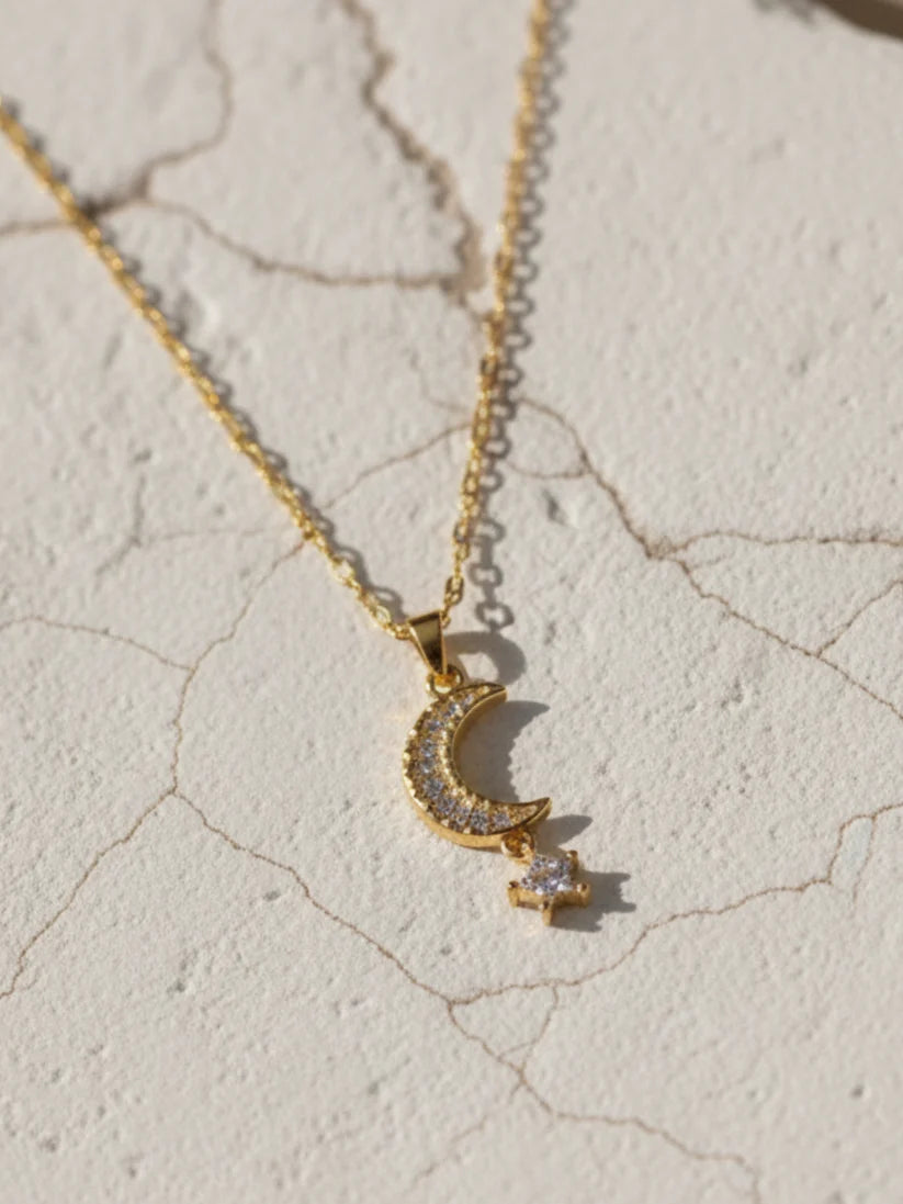 Anti-Tarnish Moon & Star Pendant Chain | 18K Gold CZ Jewelry