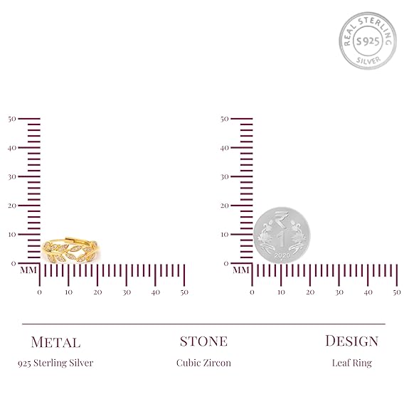 Sterling Silver Adjustable Zircon-Studded Leaf Ring for Women | Silver/Gold Leaf Ring | Gift for Women & Girls