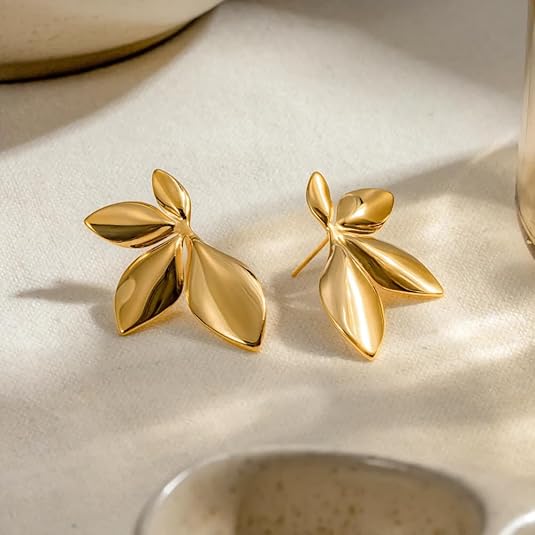 Leaf Bold Stud Earrings for Women | 18K Yellow Gold Plated | Waterproof, Anti-Tarnish & Hypoallergenic | Minimal Demi-Fine Jewellery for Everyday Wear