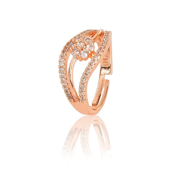 Rose Gold Plated Elegant American Diamond Studded Sparkling Adjustable Finger Ring for Women and Girls