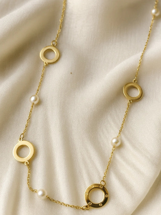 18K Gold Plated Pearl & Circular Motif Necklace – Anti Tarnish, Everyday