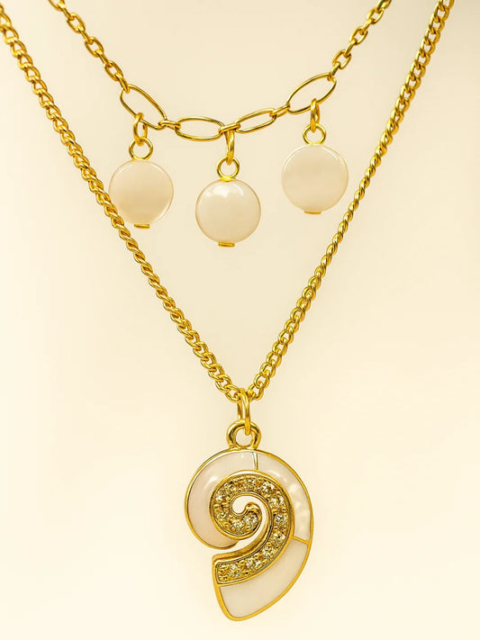 Shell & Beads Double Layer Chain | 18K Gold MOP Necklace