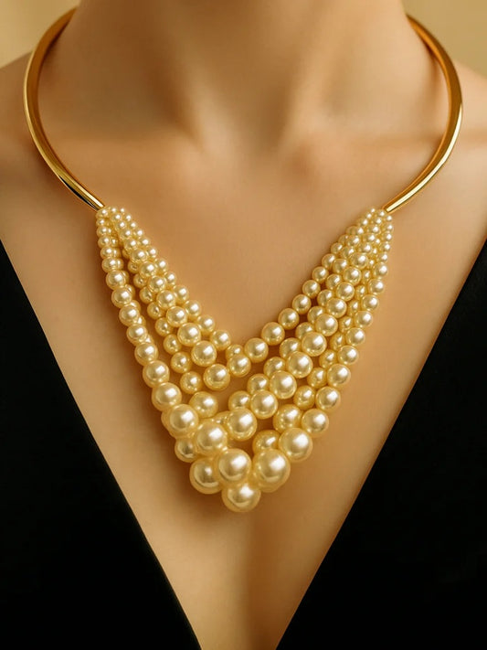 Statement Pearl Neckpiece in 18K Gold Plated Stainless Steel
