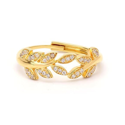 Sterling Silver Adjustable Zircon-Studded Leaf Ring for Women | Silver/Gold Leaf Ring | Gift for Women & Girls