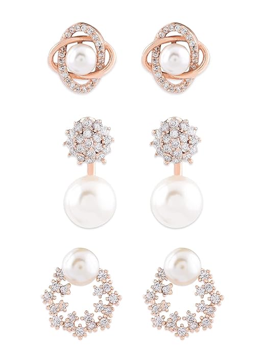 Combo of 3 Cubic Zirconia & Pearls Contemporary Stud Earrings For Women
