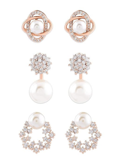 Combo of 3 Cubic Zirconia & Pearls Contemporary Stud Earrings For Women