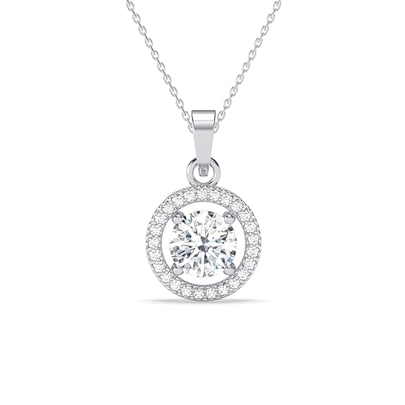 Sterling Silver Halo Round Solitaire Pendant Earrings Chain Necklace Jewellery Set | Platinum Plated, Swiss Zirconia |Gift for Women and Girls