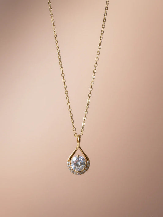 Anti-Tarnish White Solitaire Teardrop Pendant Chain | 18K Gold CZ