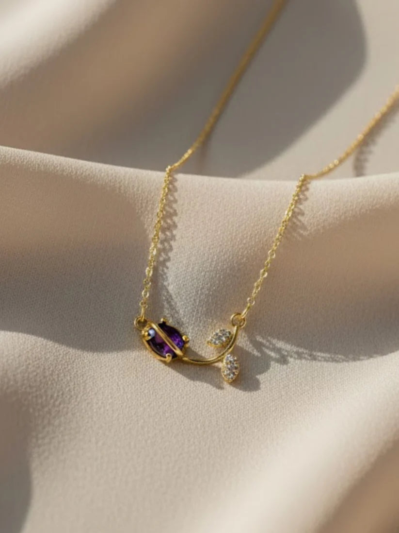 Anti-Tarnish Tulip Purple Stone Chain | 18K Gold CZ Jewelry
