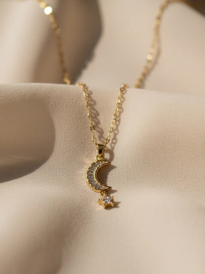 Anti-Tarnish Moon & Star Pendant Chain | 18K Gold CZ Jewelry