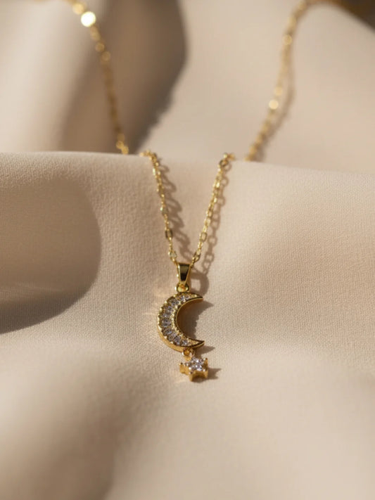 Anti-Tarnish Moon & Star Pendant Chain | 18K Gold CZ Jewelry