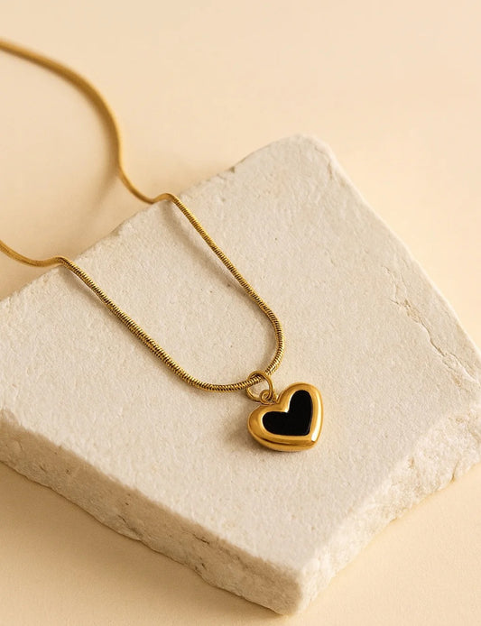 Black Mini Heart Gold Pendant Necklace – 18K Gold Plated, Onyx Charm