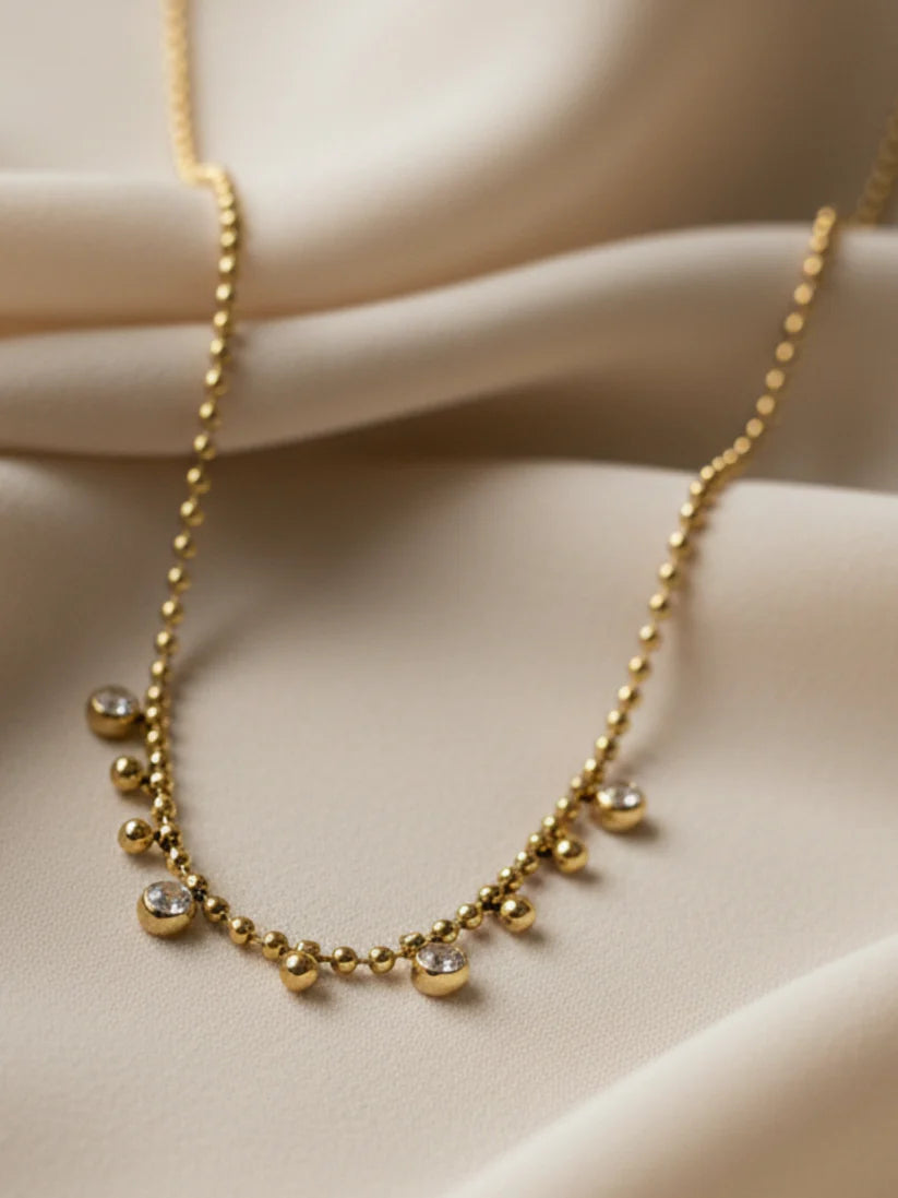 Anti-Tarnish White Stone Beaded Chain | 18K Gold CZ Jewelry