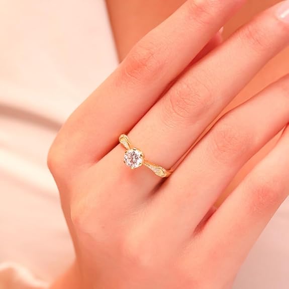Sterling Silver Solitaire Ring | Gold Plated Brilliant Cubic Zirconia Gift Ideas-Women Ring