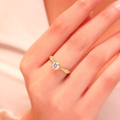 Sterling Silver Solitaire Ring | Gold Plated Brilliant Cubic Zirconia Gift Ideas-Women Ring
