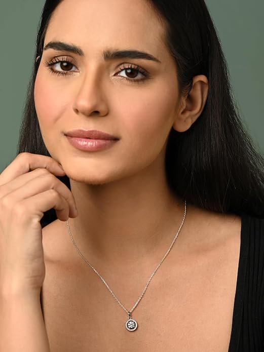 Sterling Silver Halo Round Solitaire Pendant Earrings Chain Necklace Jewellery Set | Platinum Plated, Swiss Zirconia |Gift for Women and Girls