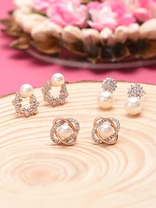 Combo of 3 Cubic Zirconia & Pearls Contemporary Stud Earrings For Women