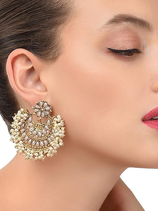 Gold Tone Traditional Pearls Beaded Dangle Earring For Women