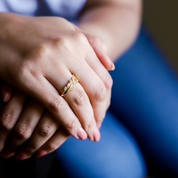 Sterling Silver Adjustable Zircon-Studded Leaf Ring for Women | Silver/Gold Leaf Ring | Gift for Women & Girls