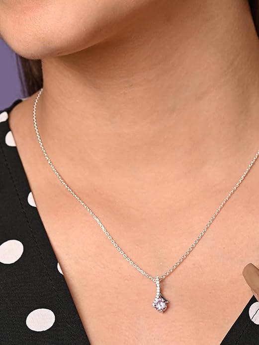Sterling Silver Pink Solitaire Pendant Earring Chain Jewellery Set | Rhodium Plated, Swiss Zirconia | Gift for Women & Girls