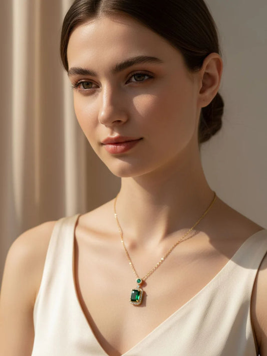 Emerald Moissanite Pendant Chain | 18K Gold Plated, Anti-Tarnish Jewelry