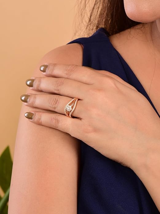 Rose Gold Plated Elegant American Diamond Studded Sparkling Adjustable Finger Ring for Women and Girls