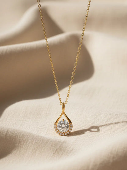 Anti-Tarnish White Solitaire Teardrop Pendant Chain | 18K Gold CZ