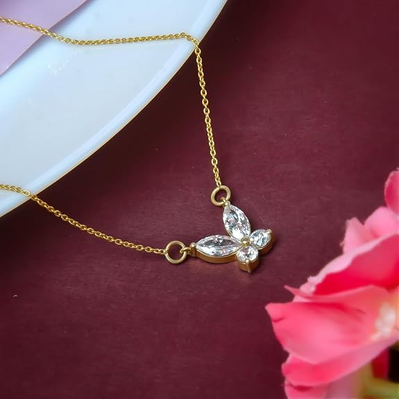 Sterling Silver 18K Gold and Rose Gold Plated Butterfly Brilliance Necklace with Link Chain | Gift for Women and Girls