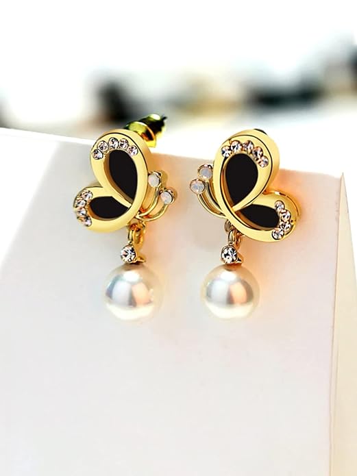 Fashion Women Earrings | Gold Toned Black Color Crystal Earrings