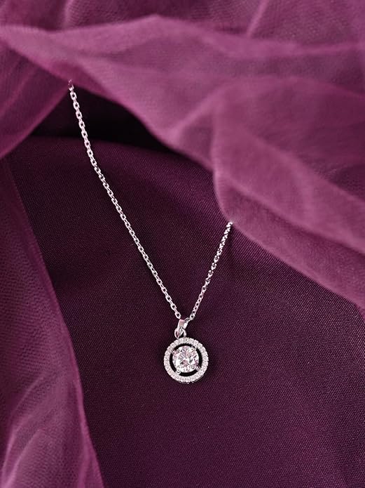 Sterling Silver Halo Round Solitaire Pendant Earrings Chain Necklace Jewellery Set | Platinum Plated, Swiss Zirconia |Gift for Women and Girls