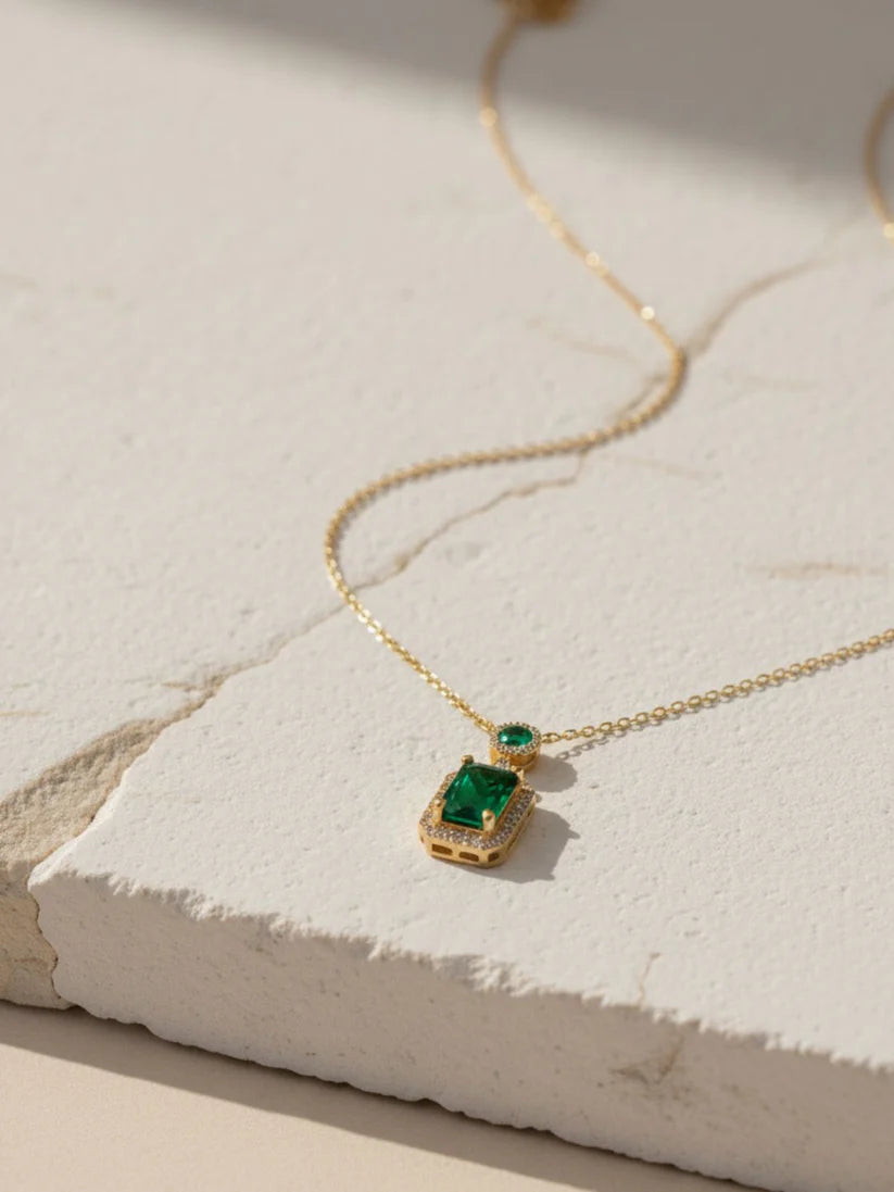 Emerald Moissanite Pendant Chain | 18K Gold Plated, Anti-Tarnish Jewelry