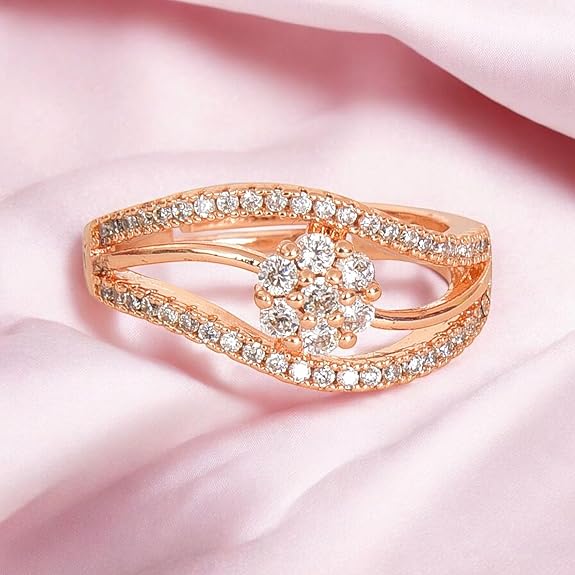 Rose Gold Plated Elegant American Diamond Studded Sparkling Adjustable Finger Ring for Women and Girls