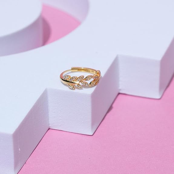 Sterling Silver Adjustable Zircon-Studded Leaf Ring for Women | Silver/Gold Leaf Ring | Gift for Women & Girls