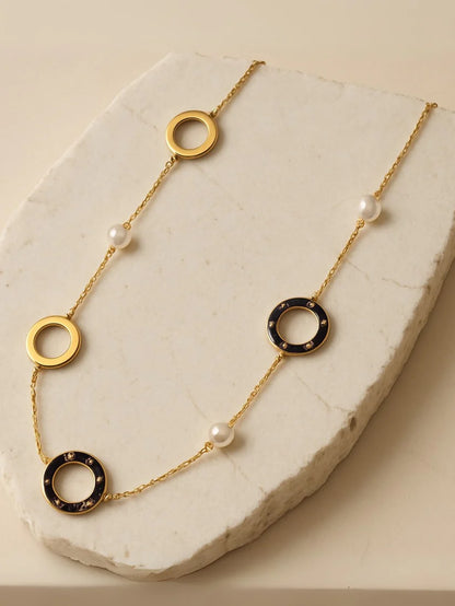18K Gold Plated Pearl & Circular Motif Necklace – Anti Tarnish, Everyday
