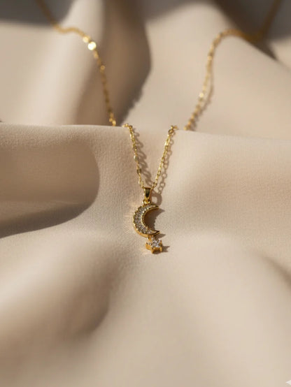 Anti-Tarnish Moon & Star Pendant Chain | 18K Gold CZ Jewelry