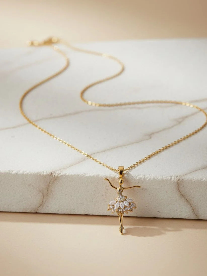 Anti-Tarnish Angel Ballerina Pendant Necklace | 18K Gold CZ Chain