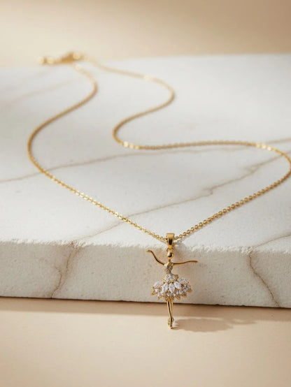 Anti-Tarnish Angel Ballerina Pendant Necklace | 18K Gold CZ Chain