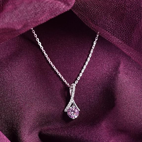 Sterling Silver Pink Solitaire Pendant Earring Chain Jewellery Set | Rhodium Plated, Swiss Zirconia | Gift for Women & Girls