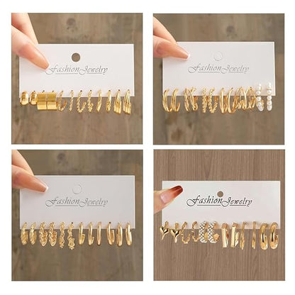 Diva Fashion 24 pairs Combo Celebrity Inspired Trendy Latest Stylish Gold Plated Geometric Twist Pearl Hoop Dangle Earrings for Women and Girls