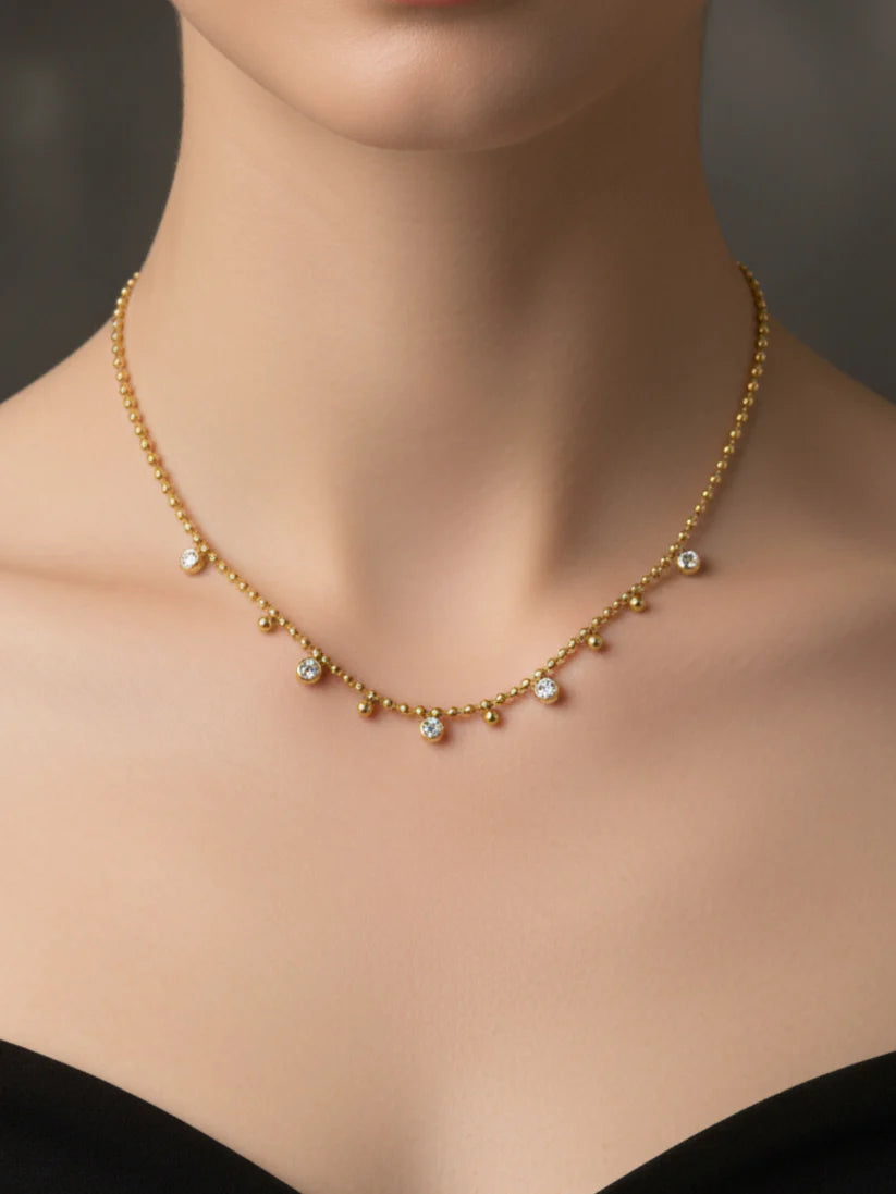 Anti-Tarnish White Stone Beaded Chain | 18K Gold CZ Jewelry