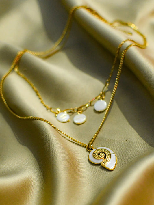 Shell & Beads Double Layer Chain | 18K Gold MOP Necklace