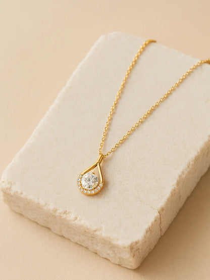 Anti-Tarnish White Solitaire Teardrop Pendant Chain | 18K Gold CZ